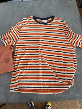 H&M Orange, White, Navy Striped Short Sleeve Tee